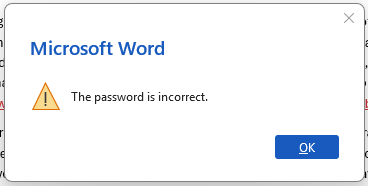 Incorrect password message when attempting to unlock track changes in Word